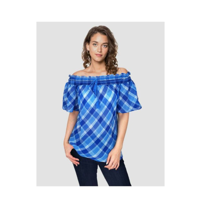 R*phlauren blue plaid off the shoulder top