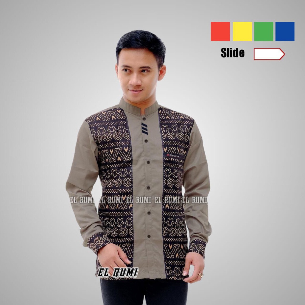 Baju Koko Kombinasi Batik Original Elrumi Motif Suku Dayak Terkini Toyobo Premium Berkualitas-0