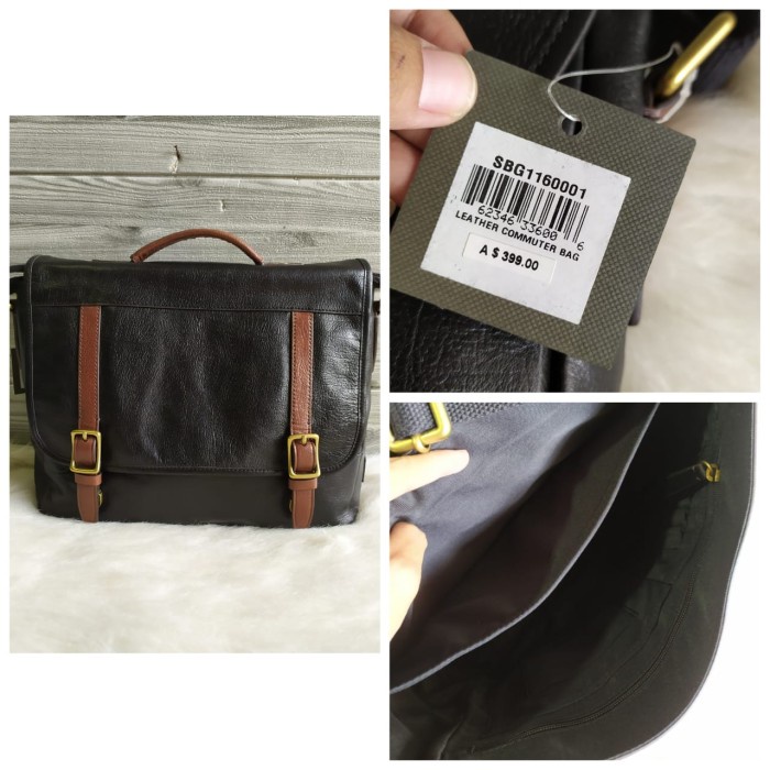 Briefcase- Tas Pria Fossil Evan Commuter Men Messenger Bag Leather Black Original -Briefcase