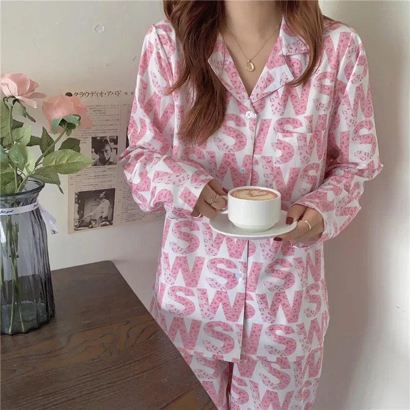 Baju Tidur Wanita Piyama Model Kemeja Lengan Panjang Celana Panjang Motif Kartun BT05