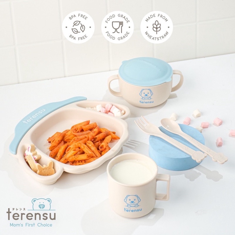 Terensu Piring Gelas Minum Anak Cangkir Pegangan MOTIF PUPPY Balita Wheat  Straw BPA Free Gelas Latihan Anak Training Cup Puppy Piring Set Sendok Garpu Alat Makan Anak Bayi