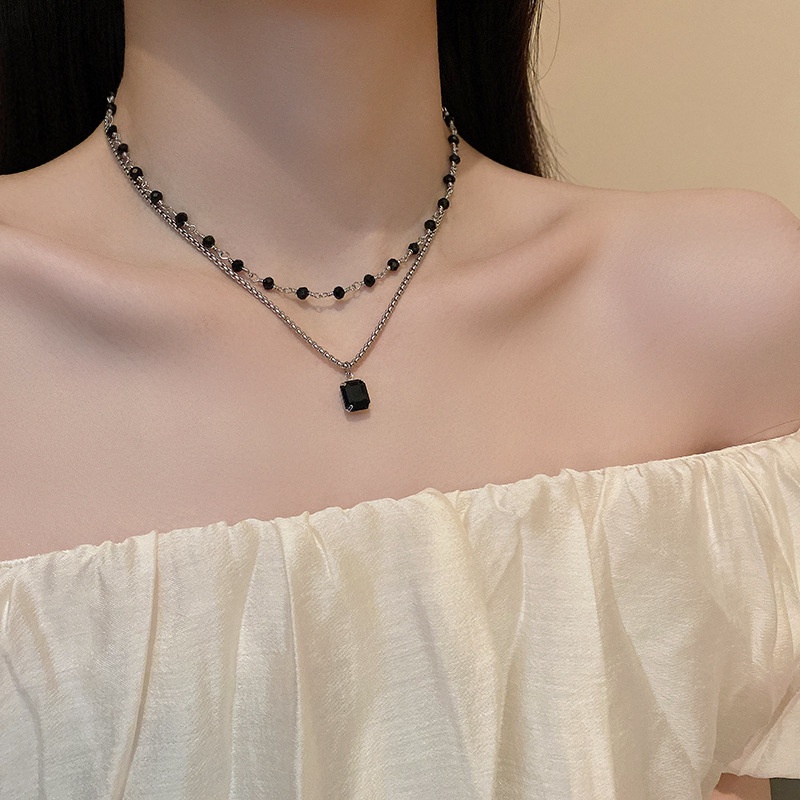 Kalung Rantai Klavikula Kristal Berlian Warna Hitam Gaya Korea