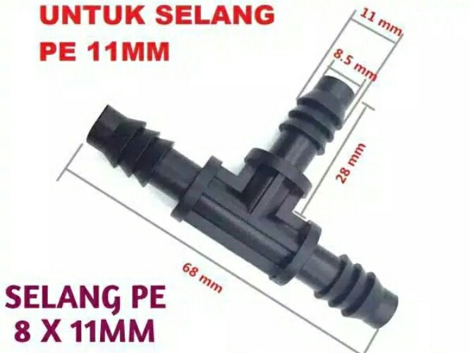 Konetor Tee 11mm Nepel - Connector T 8/11mm Untuk Selang Pe 11 M Nipel Hidroponik