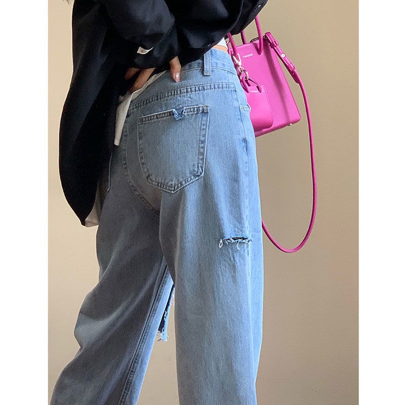 new korean celana jeans high waist wanita sobek