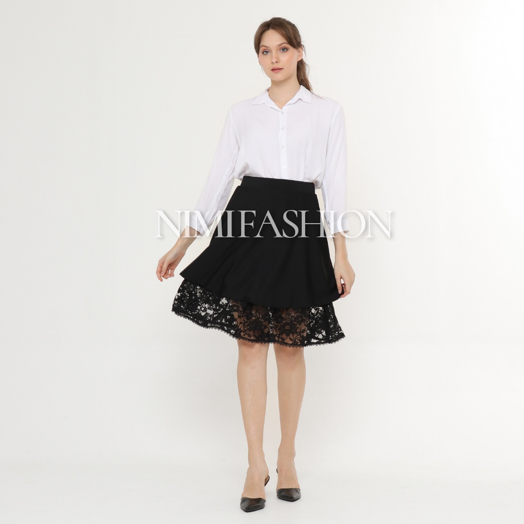 Nimi Midi Skirt Premium / Korea Midi Skirt / Rok Pendek Scuba Kombinasi Brukat Import