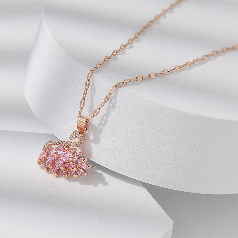 XiaoboACC Korean Fashion Pink Swan Necklace Female Diamond Crystal Pendant Titanium Steel Non-fading Clavicle Chain