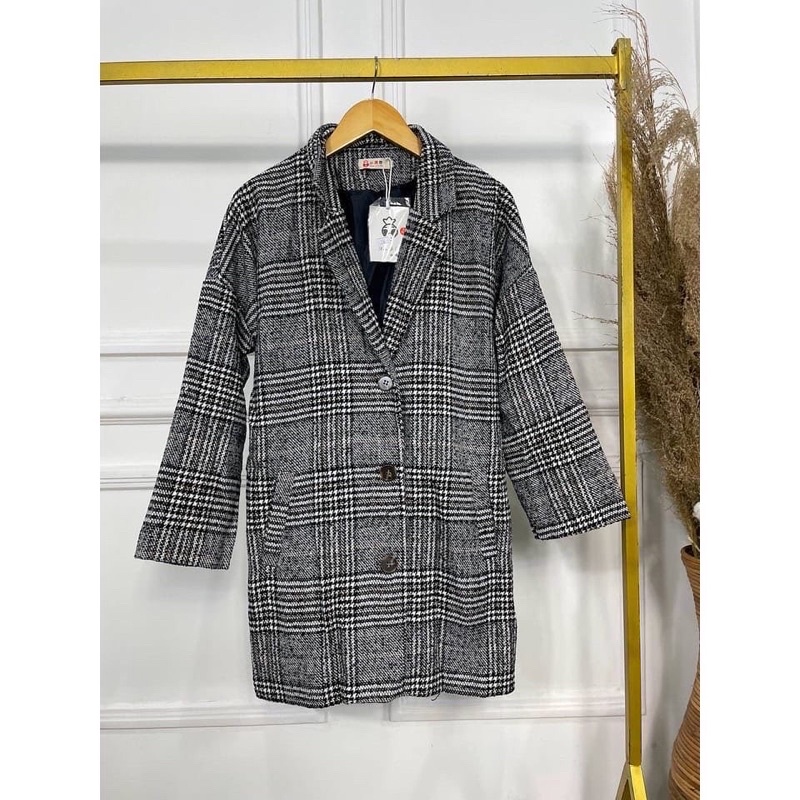 Coat Outer Wool Motif Kotak Untuk Wanita