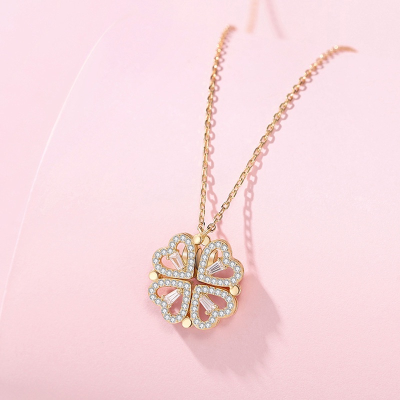 Kalung Anti Karat Korea Hati Berlian Empat Daun Semanggi Liontin Kalung Aksesoris Fashion