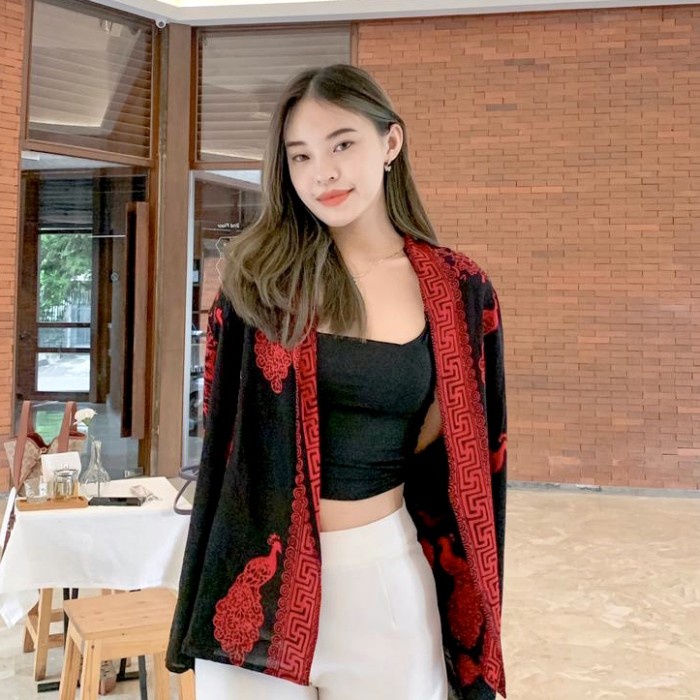 Batik Outer Batik wanita cardigan blouse blazer santai - Peacock sogan red