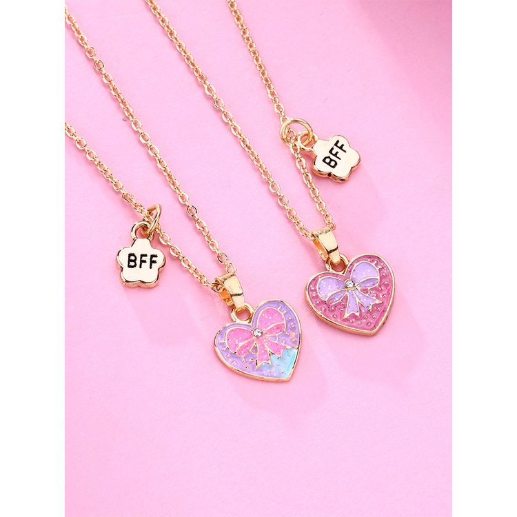 2pcs / Set Kalung Rantai Dengan Liontin Butterfly Hati Warna Pink Biru Untuk Hadiah Persahabatan