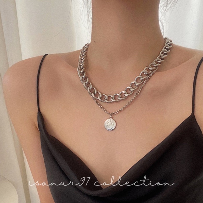 Necklace Coin Double 2 Layer Kalung Koin Elizabeth Logam Kalung Rantai