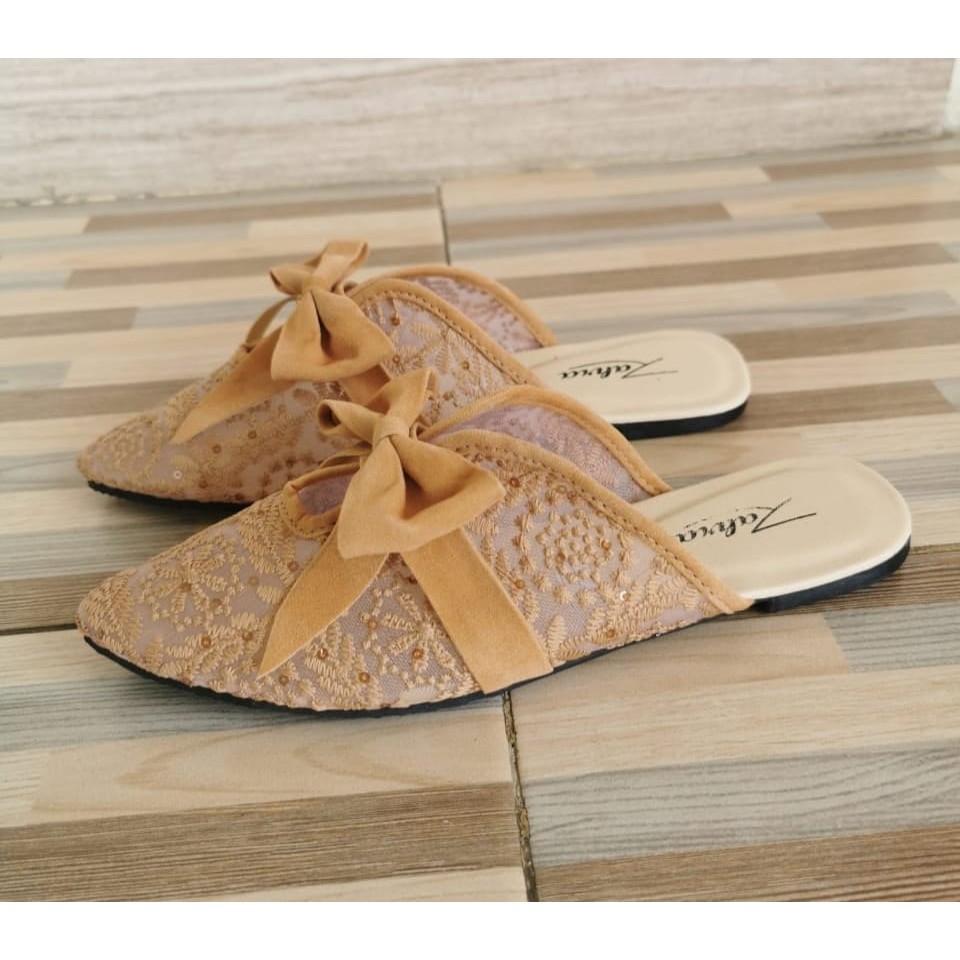 Arlaine- Pita Abstrak selop wanita / sandal slop wanita / sandal brukat / sandal slop pita [Mocca]