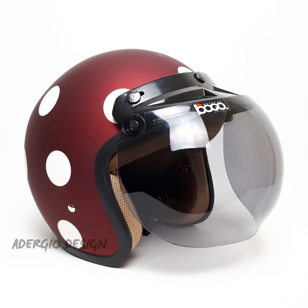 HELM BOGO Motif Polkadot Maroon  Doff  Full Cat  Retro Klasik 