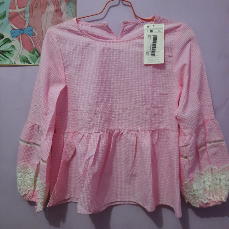 Blouse lengan balon pink / blouse kotak-kotak lengan balon