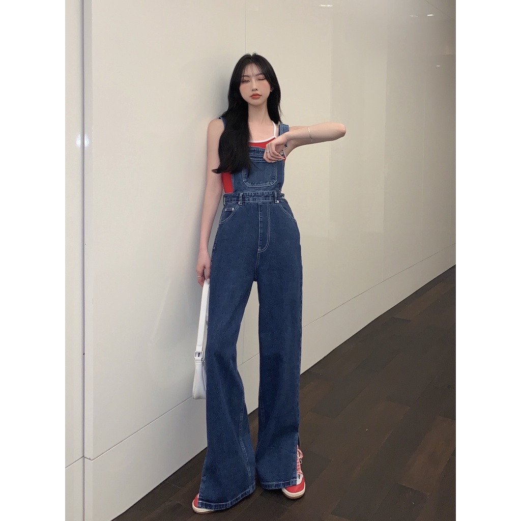 Gaya Korea Jeans Retro Denim Overall Wanita Pinggang Tinggi Longgar Kaki Lebar Celana Mengepel Musim