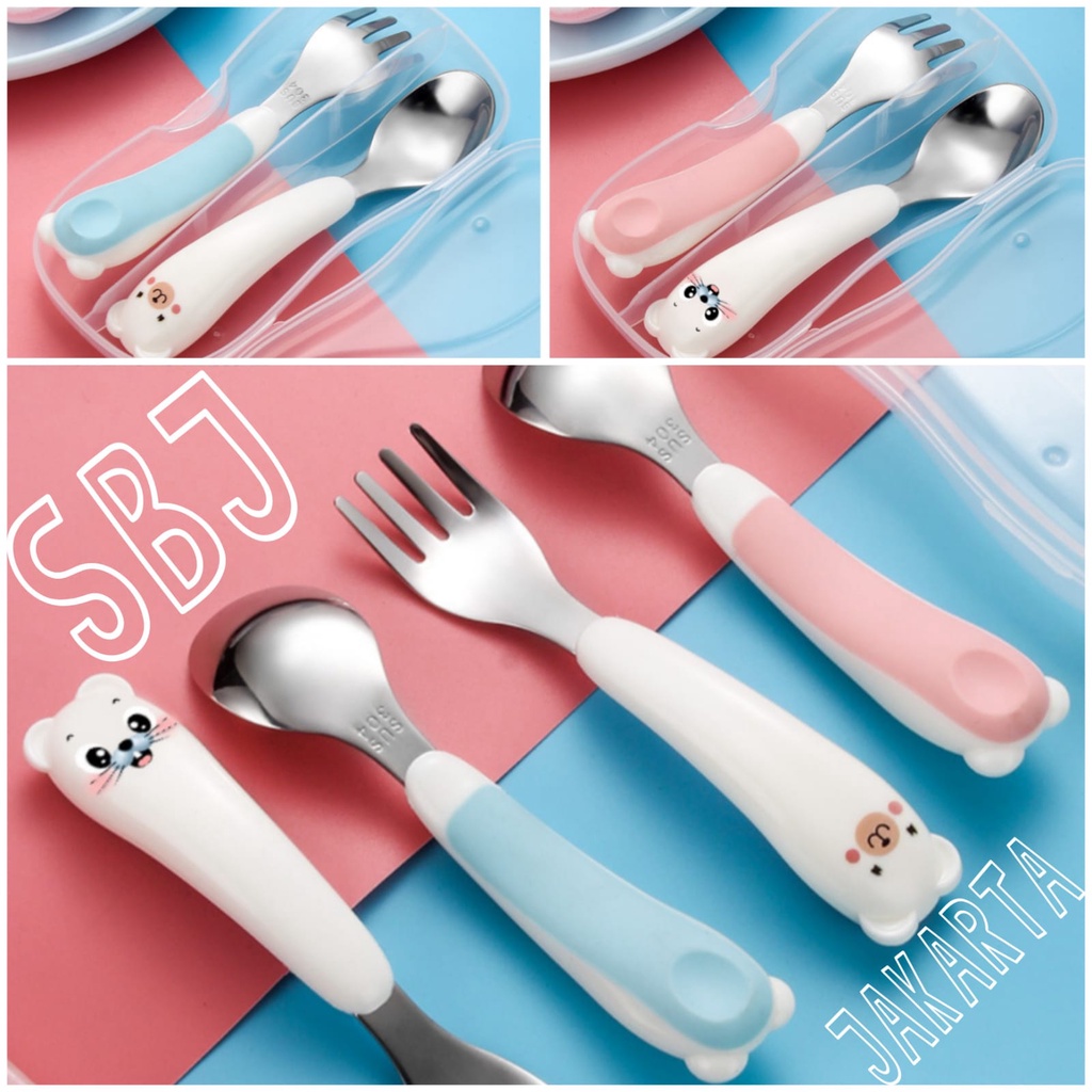 Alat makan Sendok Garpu Set / Set sendok Anak 304 SUS Stainless Steel disertai wadah case motif hamster bear