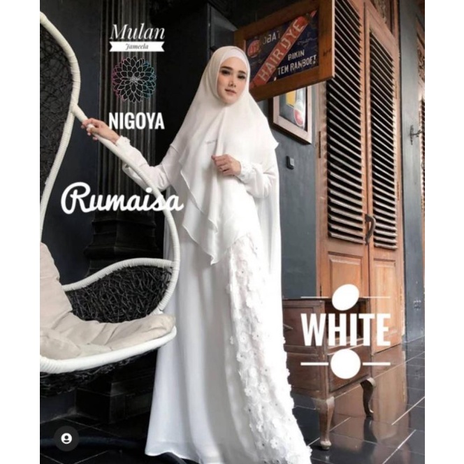 Nigoya Syar'i -Rumaisha Set Gamis Umroh Haji Full White Syar'i Putih Brokat Flower untuk Akad Pesta