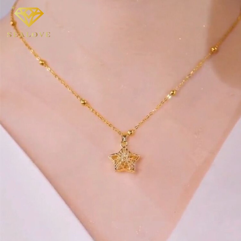 Kalung Titanium Wanita Liontin bintang berujung lima Cantik Lapis emas 18k anti karat perhiasan Korea