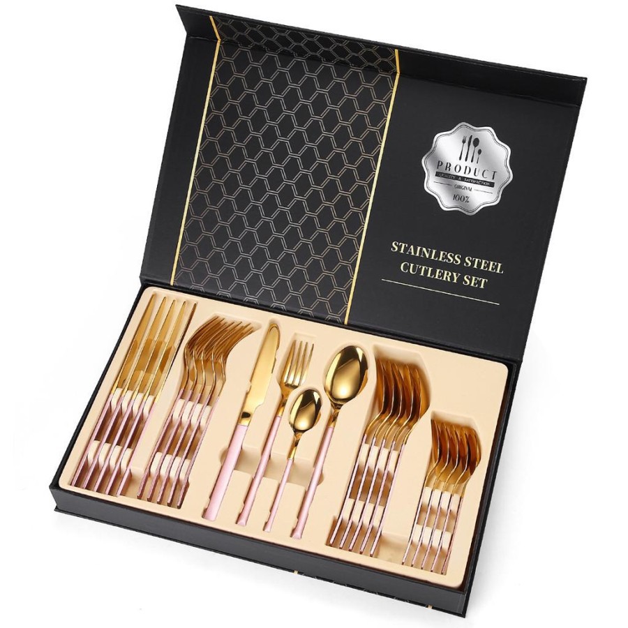 stainless steel cutlery set box gold premium sendok garpu pisau 24 pcs