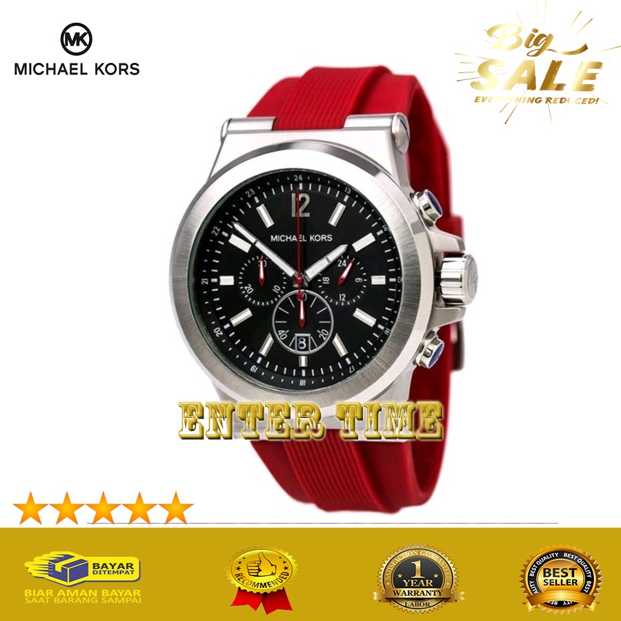 HOT SALE  JAM TANGAN PRIA TERBARU MICHAEL KORS MK8169 RUBBER STRAP RED BLACK DIAL JAM TANGAN IMPORT 