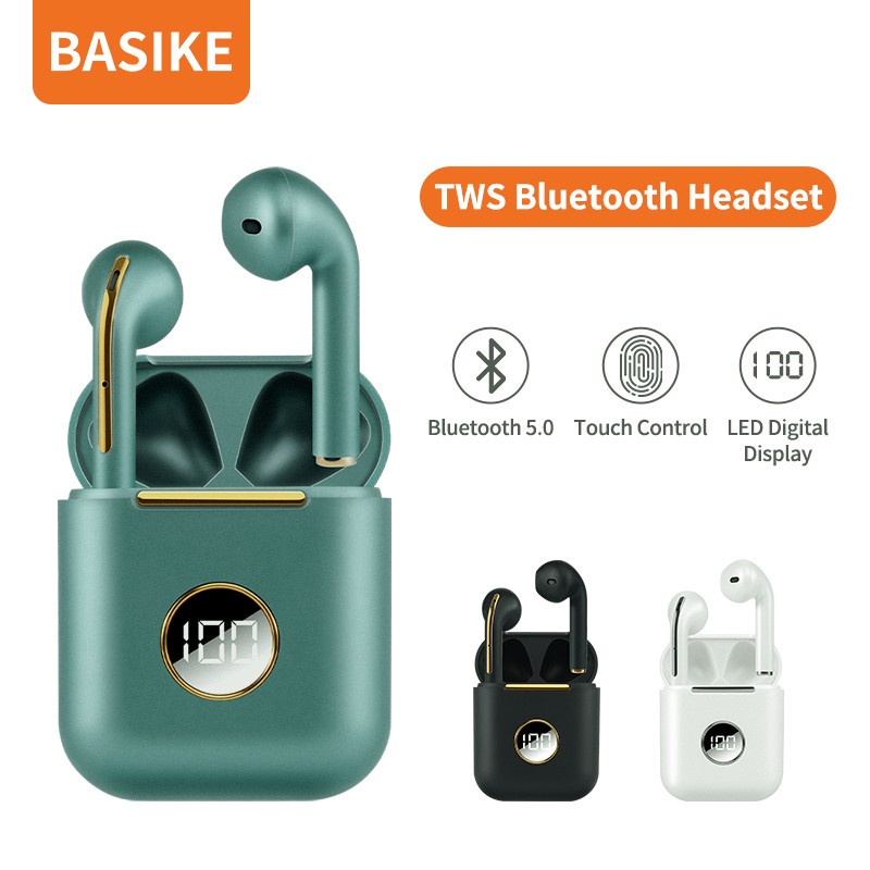 BASIKE Headset Gaming Wireless Earphone Mini Earbuds TWS Bluetooth 5.0 HIFI Stereo Sound Music In-ear Earbuds With Mic Cocok Original Untuk Android Touch Sensor With Mic Noise Cancellation Sport tampilan digital Macaron