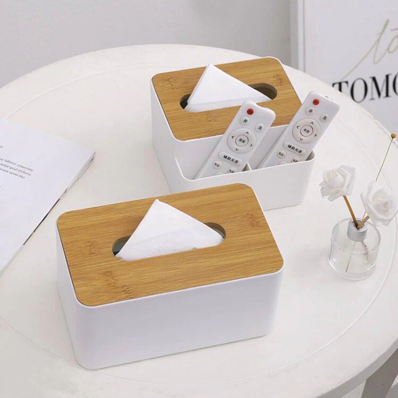 Kotak Tisu Kayu 2 in 1 Elegan + Tempat Remot - White