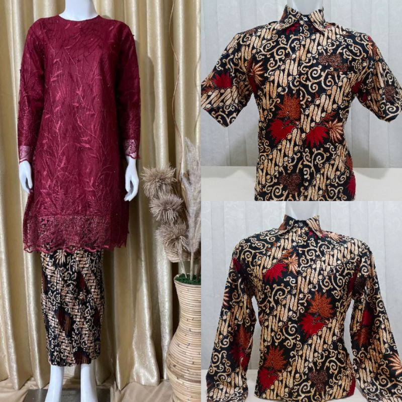 SET TUNIK TILLE MUTIARA &amp; KEMEJA BATIK COUPLE/KEBAYA COUPLE BAPAK IBU DAN ANAK/KEBAYA COUPLE SERAGAMAN PESTA