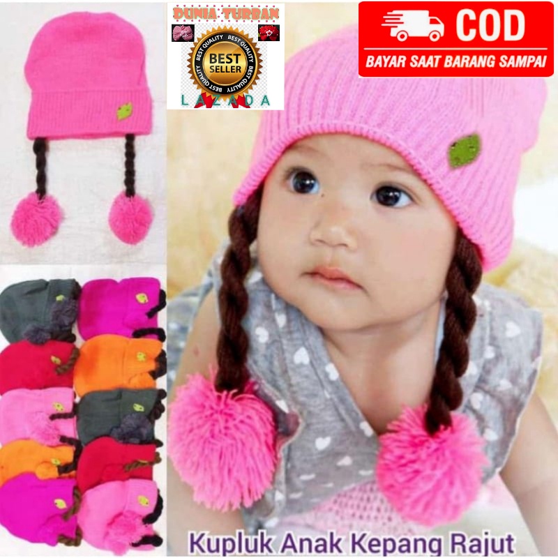 kupluk kepang anak perempuan rajut /turban kepang dua / Acesories kepala bayi / Rajut bayi /Topi kep