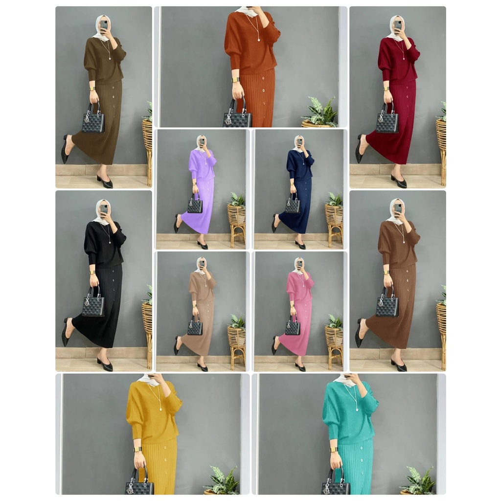 SET ANYA FASHION PAKAIAN WANITA SETELAN ATASAN DAN ROK BAHAN MANGO KNIT EDHM ADA VIDEO REAL PRODUK