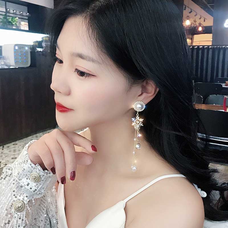 XiaoboACC Anting Tusuk Gantung Sterling Silver 925 Desain Snowflake Hias Mutiara + Rumbai Untuk Wanita