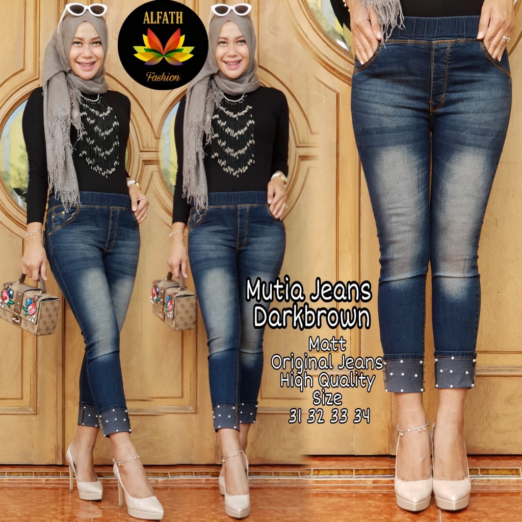 PROMO Celana Panjang MUTIA JEANS Lipat Mutiara Wanita Terbaru / Legging Jeans Ripped Jumbo 2022/ Celana Jeans Lepis Pinggang Karet Model Terbaru JUMBO SIZE 30-38