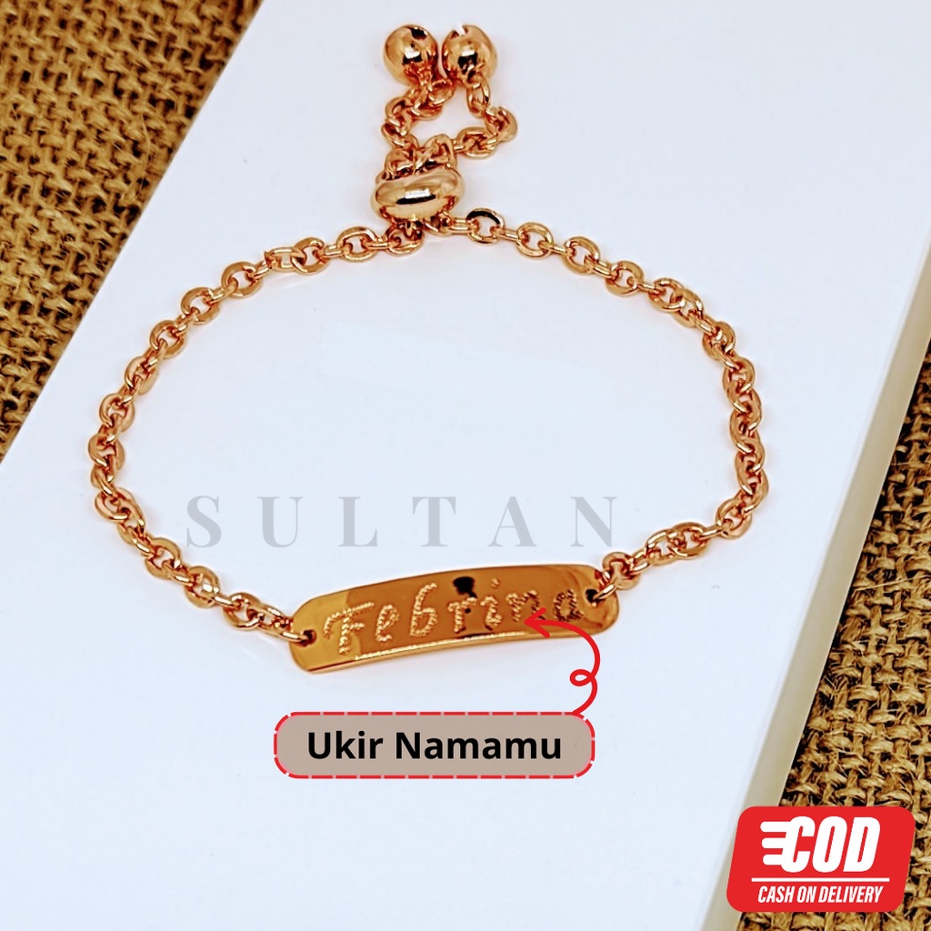 UKIR NAMA!!! Gelang Anak dan Dewasa Ukir Nama Custom Model Serut Rantai Titanium dan Logam Kuningan Lapis Emas