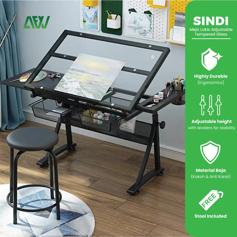 SINDI Meja Lukis Adjustable Tilt Tempered Glass