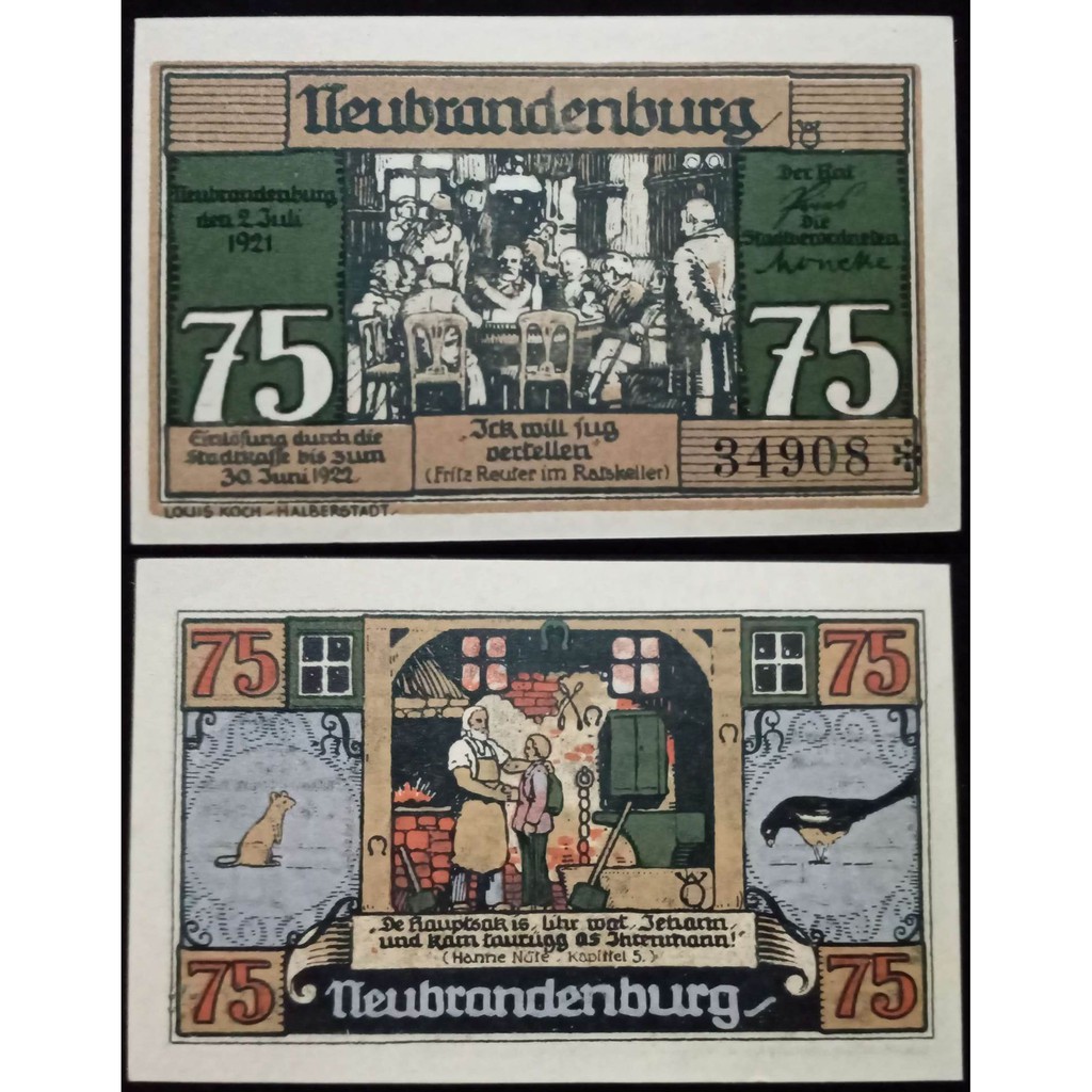 Uang Kuno Jerman Notgeld Pecahan 75 Pfennig Tahun 1921 AUNC/UNC