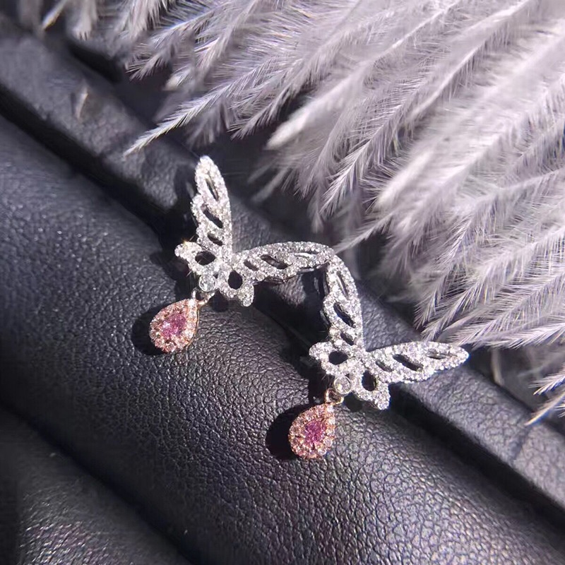 Anting Tusuk Berlian Model Kupu-Kupu Warna Pink Untuk Wanita