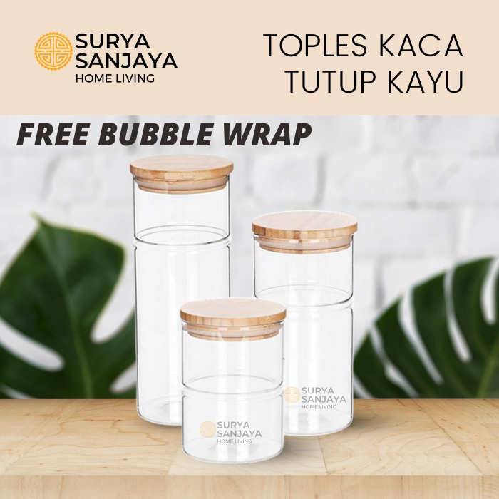 Toples Kaca Tutup Kayu Kedap / Glass Borosilicate Jar
