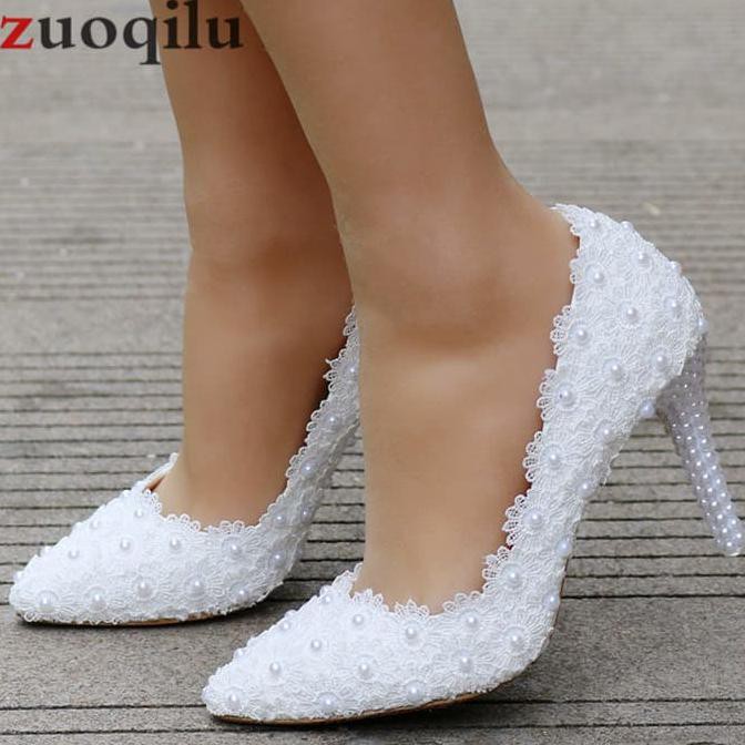 Dijual White Lace High Heels Wedding Shoes Bride Party Shoes Women