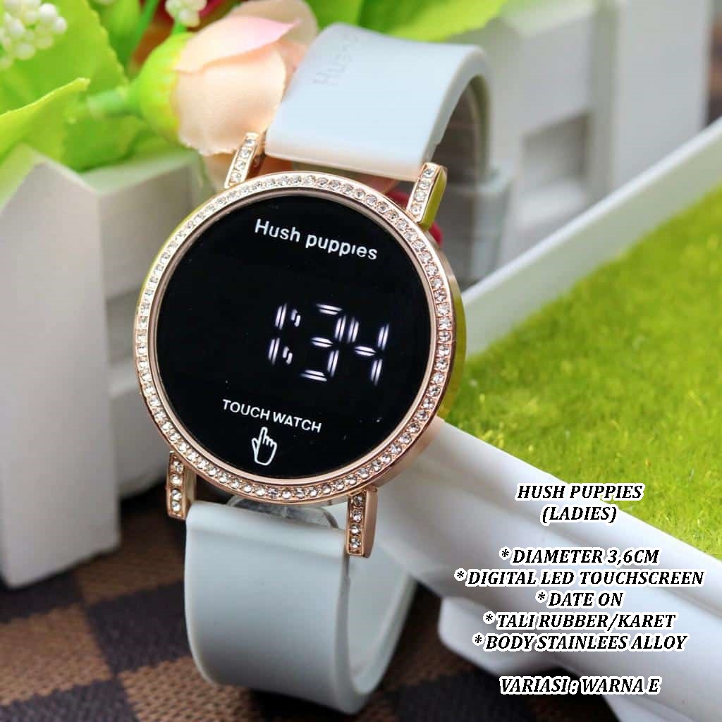 (BISA COD) JAM TANGAN WANITA HUSH PUPPIES TALI RUBBER BODY BULAT LED TANGGAL AKTIF