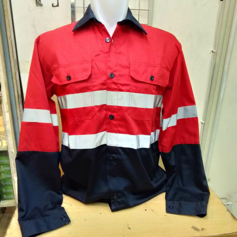 Baju Safety KOMBINASI Merah Kemeja Pria Kerja Proyek Formal Lengan Panjang DRILL