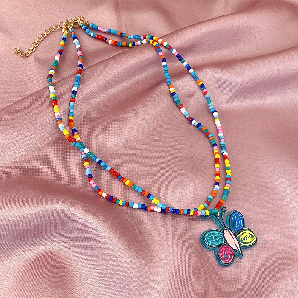 AY(CN) Kalung Rantai Multilayer Dengan Liontin Kupu-Kupu Dan Bunga Warna-Warni Gaya Bohemian Untuk Wanita