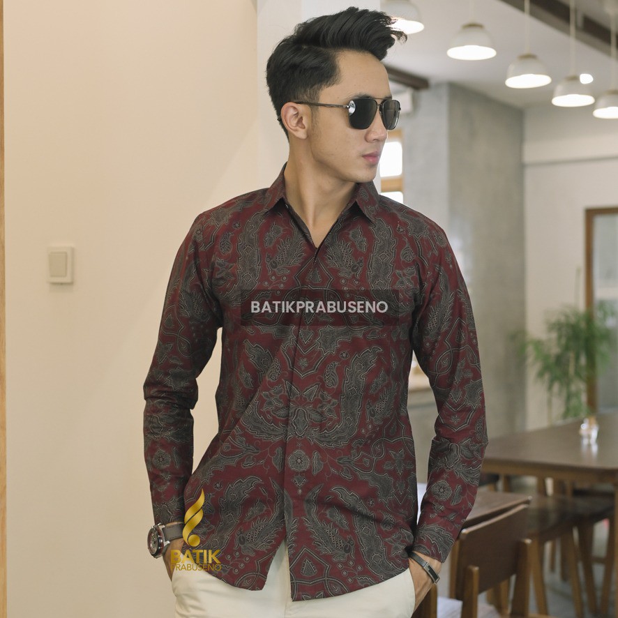 SAVERO Kemeja Batik Pria Lengan Panjang Slim Fit Modern Prabuseno Original Bahan Katun Premium Full 
