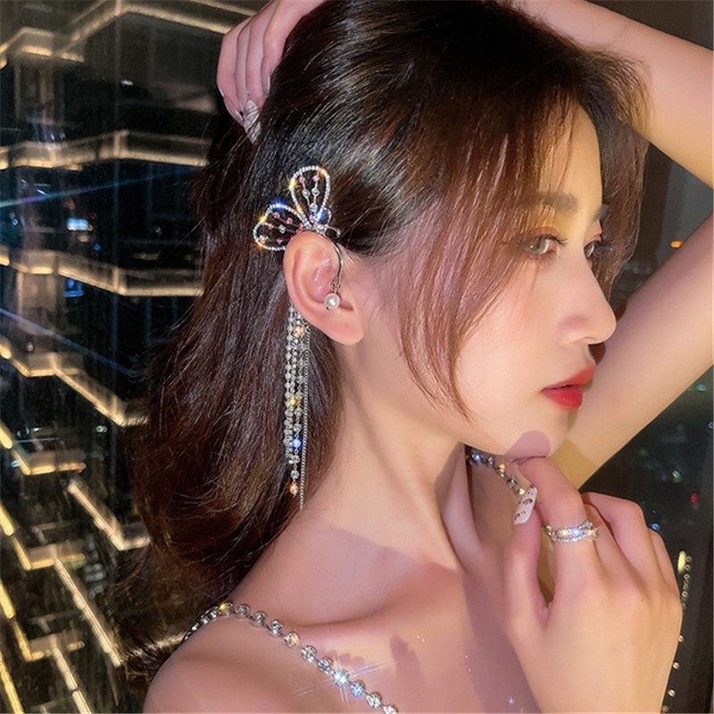 Anting Kait Gantung Desain Kupu-Kupu Hias Kristal / Mutiara Untuk Wanita