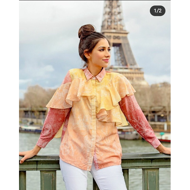 BENANG JARUM EL MAR MINORCA SHIRT WITH RUFFLE YELLOW-PINK
