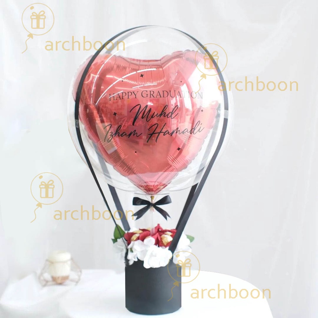 

Buket Balon Udara Hitam Merah dengan Stiker Ucapan Custom Text Tulisan bisa tambah LED - Hot Air Balloon Bouquet Chocolate Flower Hampers Black Red Heart - Birthday Anniversary Graduation Unique Gift Bucket Hadiah Ultah Wisuda - Ready Makassar