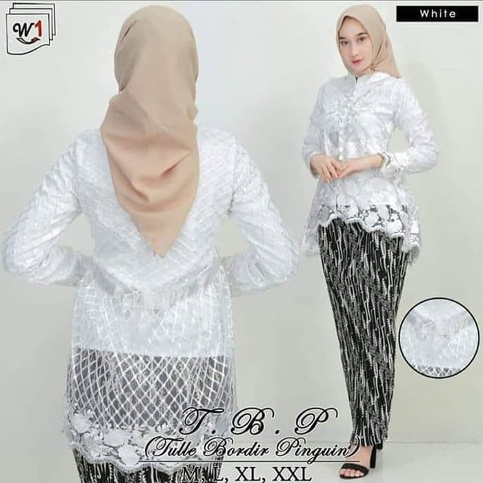 Setelan Kebaya Tille Bordir Pinguin Warna Putih Mix Plisket / Kebaya Modern