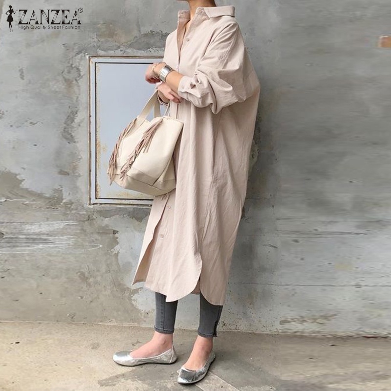 ZANZEA Women Plus Size Loose Lapel Long Sleeve Button Down Linen Dress Side Slit Long Dress