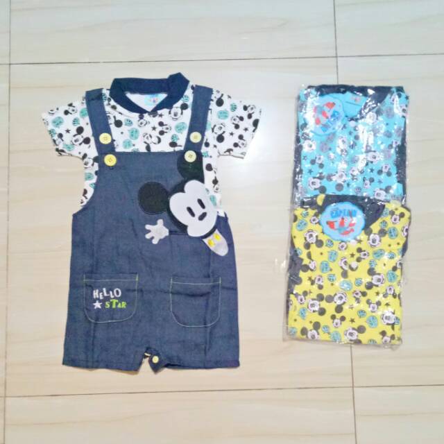 Baju kodok bayi cowok MICKEY keren overal jeans levis denim KEREN putih biru kuning baju baby boy