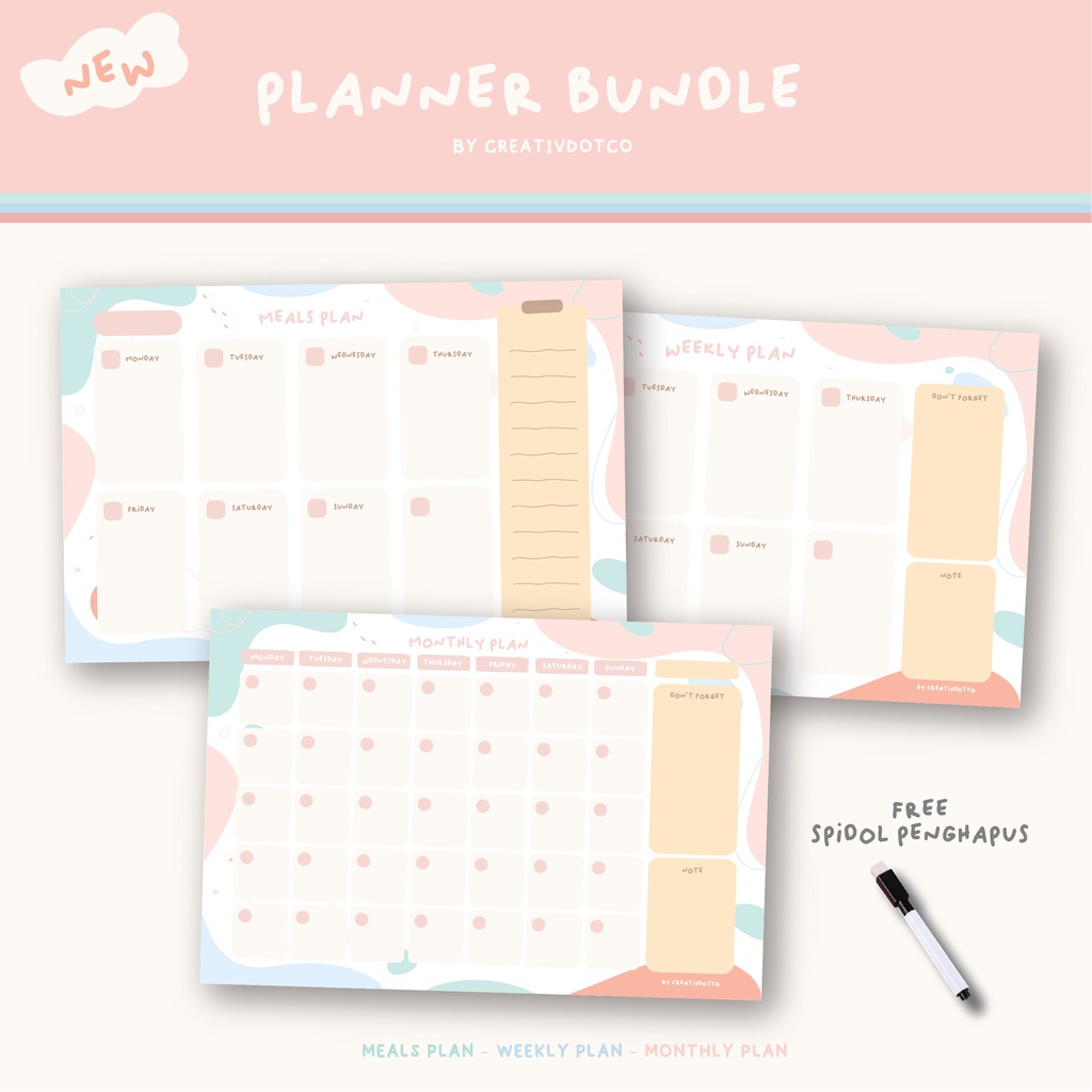 

WALL PLANNER BUNDLE ATAU SATUAN/WEEKLY/MEAL/MONTHLY - ERASABLE MARKER - PASTEL