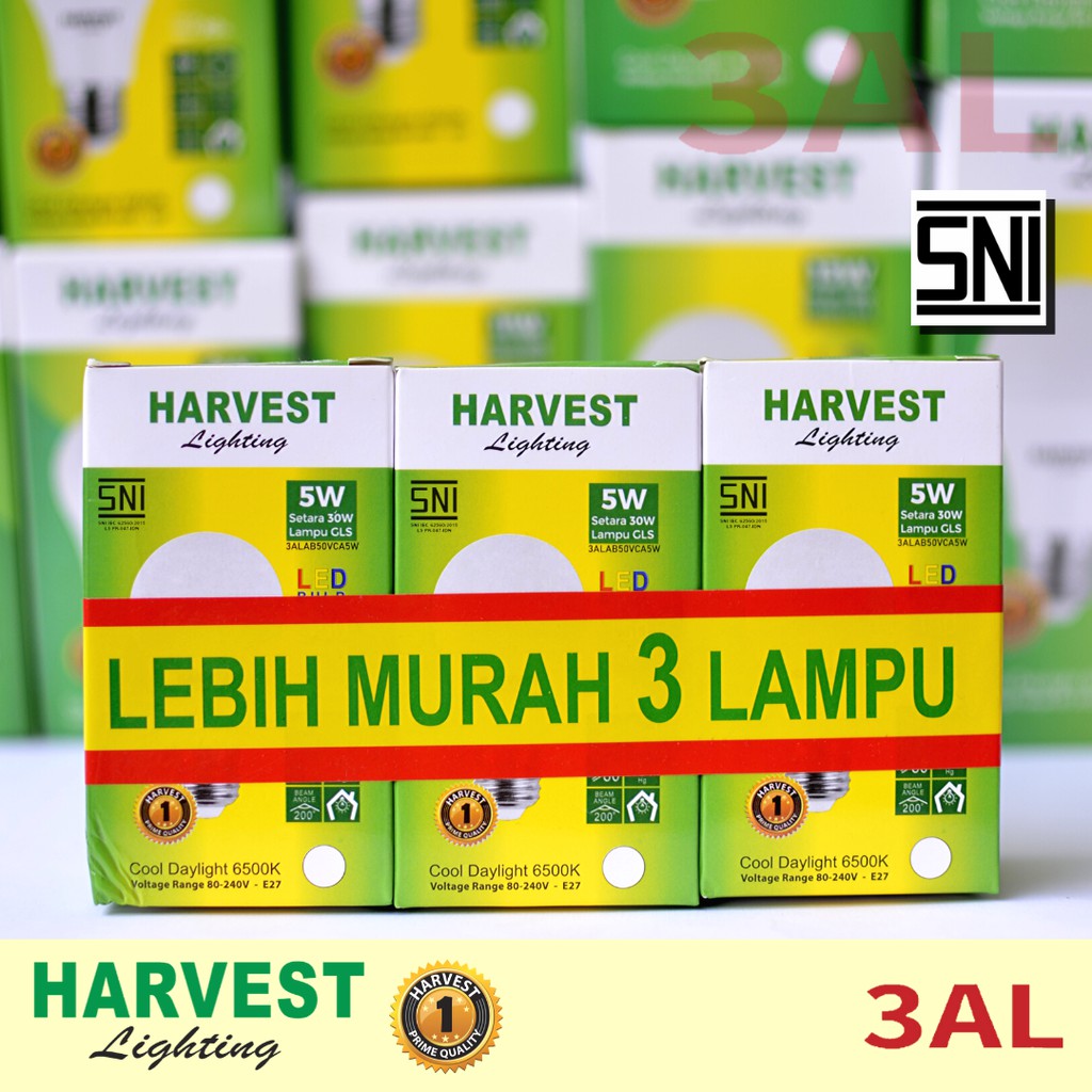 5W - Paket Isi 3 - HARVEST LIGHTING Lampu Bohlam LED A Bulb  5 Watt Lampu Hemat Energi Original Bersertifikasi SNI dan Bergaransi