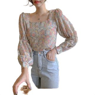#Sisjuly# Wanita musim semi dan musim panas manis kecil lengan panjang tipis persegi kerah bocor tul